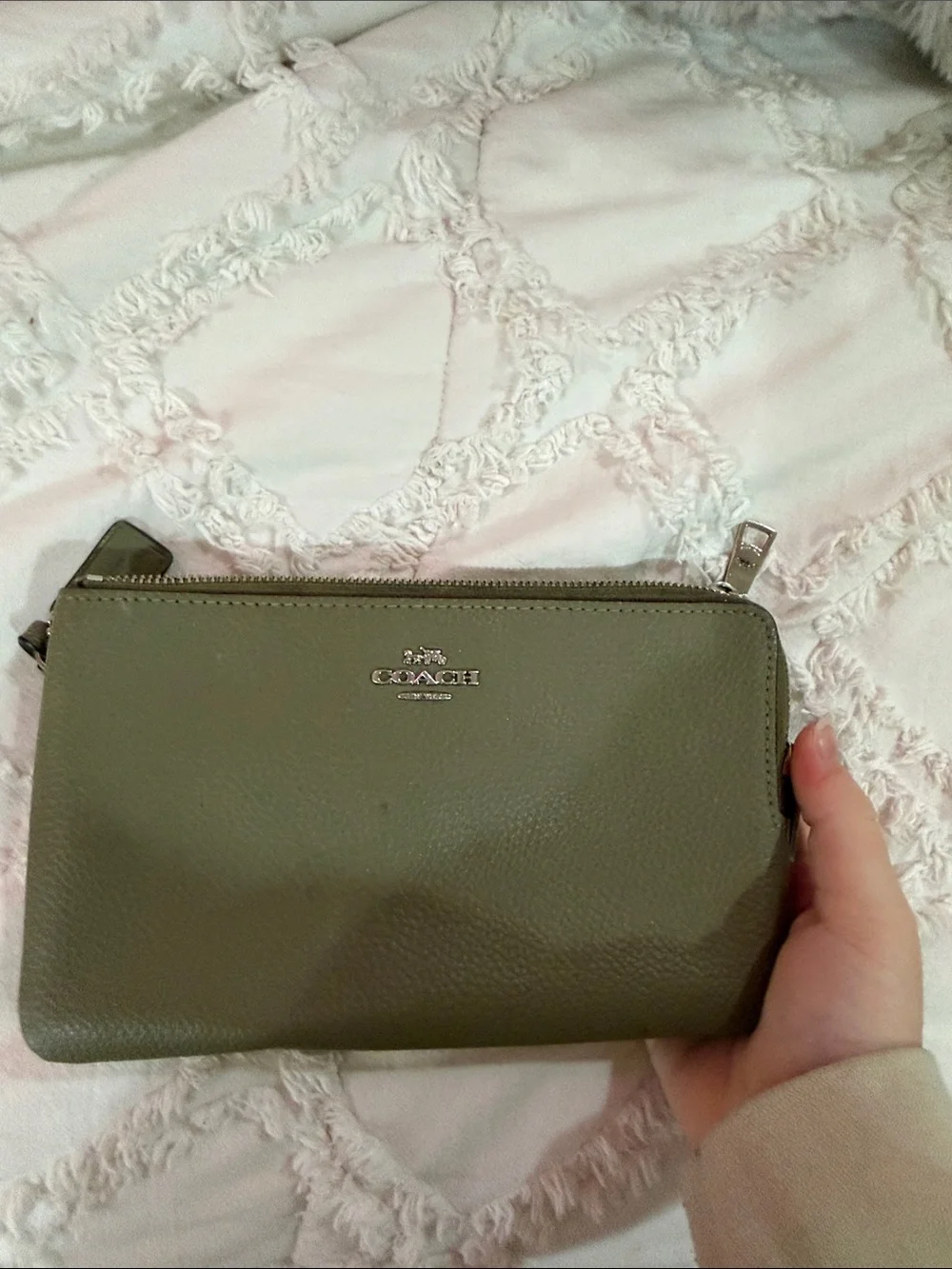 COACH Olive Green Pebbled Leather Zip Wristlet